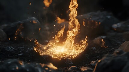 Poster - Dramatic scene of an intense fiery explosion with scorching bright flames erupting from the ground surrounded by molten lava and volcanic debris in a powerful