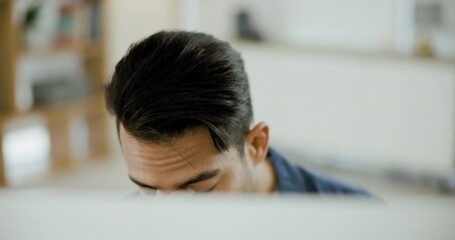 Poster - Business, stress and face of asian man in office confused by glitch, 404 or disaster. Anxiety, fail and male manager with burnout, crisis or tension for tax, audit or vertigo, brain fog or mistake