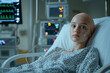 © Canary - A depressed cancer patient young girl lying on the hospital bed. Concept of alopecia and cancer awareness. AI generated