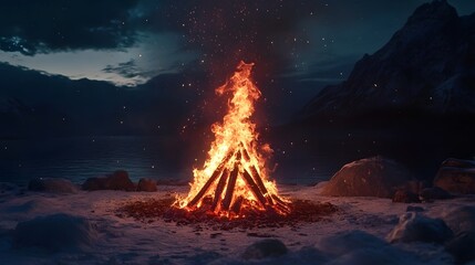 Aufkleber - Ethereal bonfire flames casting a warm captivating glow over a snowy mountain landscape at dusk  The fire s mesmerizing light and shadows create a serene mystical atmosphere in the cold