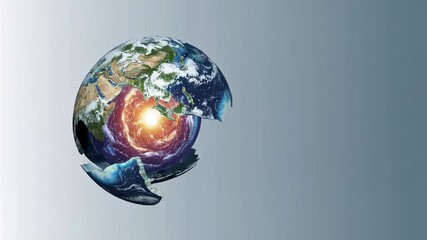 Poster - Planet earth slowly breaks apart, revealing a fiery core of seismic energy against a gradient background, symbolizing environmental destruction or apocalyptic events