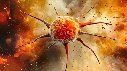 Poster - Explosive and dynamic of a microscopic cellular structure or atom with energetic sparks and fiery colors representing scientific research medical biological or technological concepts