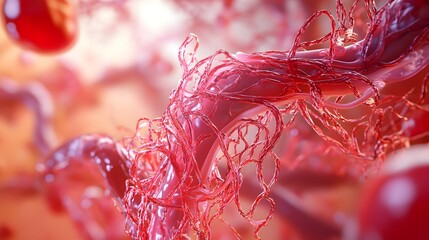 Leinwandbilder - Extremely close up view of an intricate intertwined and tangled texture of red orange and pink organic plant roots stems and fibers in a vibrant colorful and detailed natural abstract pattern