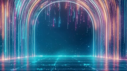 Poster - Glowing archway with colorful light trails, creating a futuristic atmosphere, ideal for technology or digital art themes.
