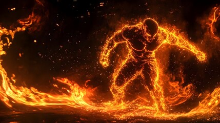 Poster - Fiery Warrior Unleashing Powerful Elemental Energy in Epic Fantasy Scene  Dramatic digital depicting a heroic figure engulfed in intense flames channeling supernatural forces in a conceptual