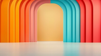 Poster - Colorful archways create a vibrant backdrop, blending warm and cool tones against a light surface, ideal for creative design.