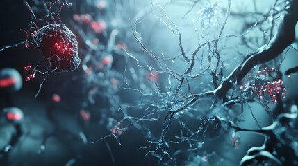 Fototapete - Frozen twig with vibrant red berries amidst the icy moody winter landscape  and atmospheric natural scene with dramatic lighting and cold frosty details