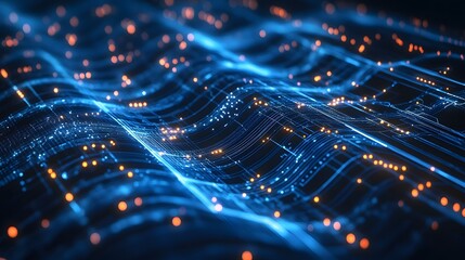 Poster - Futuristic digital landscape with vibrant luminous waves and geometric glow  Abstract technology background with flowing energy pulsating lights and dynamic connectivity  of modern science innovation