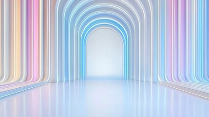 Poster - A modern, vibrant hallway featuring soft pastel arches illuminated with colorful lights, creating a futuristic and inviting atmosphere.