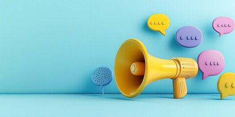 Poster - Bright yellow megaphone next to colorful speech bubbles on a light blue background