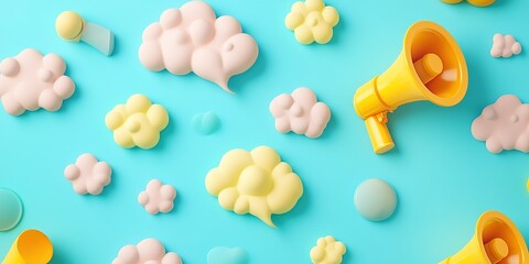 Poster - Colorful clouds and a megaphone on a bright blue background create a playful atmosphere for communication