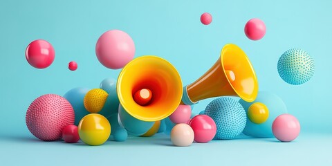 Poster - Colorful spheres and megaphones create a playful atmosphere in a bright blue setting