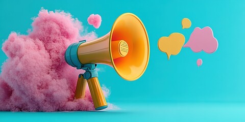 Poster - Bright megaphone with colorful speech bubbles emerging from pink smoke against a vibrant blue background