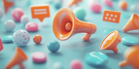 Poster - Colorful communication elements scattered across a turquoise background with vibrant shapes and symbols showcasing engagement
