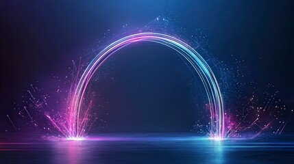 Poster - A vibrant digital arch glows with blue and pink lights, surrounded by sparkling effects on a dark background, creating a futuristic atmosphere.
