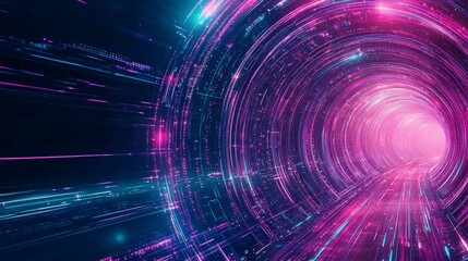 Poster - A vibrant tunnel of light with dynamic streams of pink and blue particles, creating a sense of depth and motion.