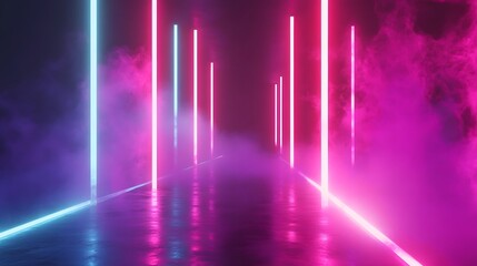 Poster - Futuristic neon glowing corridor with vibrant gradient lights and digital energy lines in a dark surreal sci fi digital background