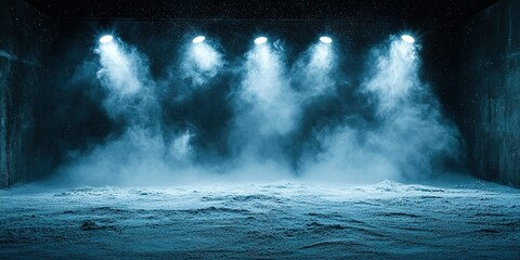 Poster - Bright floodlights illuminate a misty stage with white powdery substance scattered on the floor during a dramatic performance setting