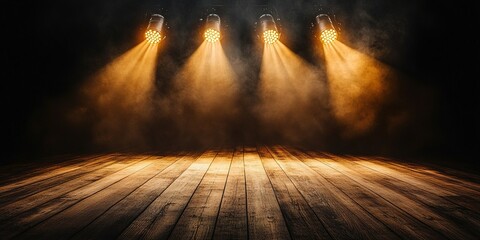 Poster - Dramatic lighting illuminates a wooden stage in a performance setting during an evening event