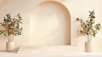 Poster - Minimalist interior scene featuring an arched niche with potted plants, emphasizing soft tones and a calm atmosphere.