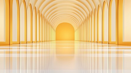 Poster - Bright, spacious corridor featuring arched windows and a glossy floor, illuminated with warm yellow tones, creating a serene atmosphere.