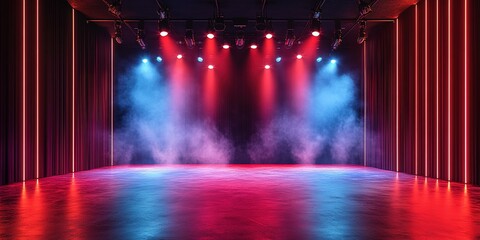 Poster - Colorful stage with blue and red lights creating an energetic atmosphere for a performance at an indoor venue during night time