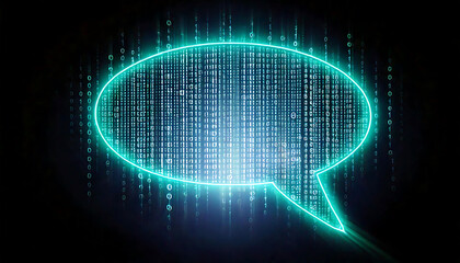 Poster - Stunning abstract image of a glowing teal speech bubble formed from binary code.  Perfect for illustrating digital communication, data processing, AI, or tech-related concepts.