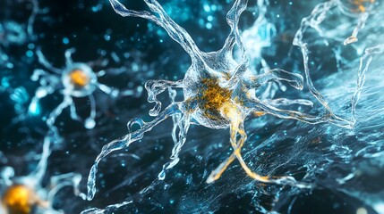 Poster - Glowing blue neural cells and fibers representing the complex dynamic communication and connectivity within a neural network  The image depicts the intricate