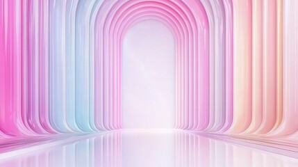Poster - A vibrant, pastel-colored hallway with arches and a reflective surface, creating a dreamy and serene atmosphere.