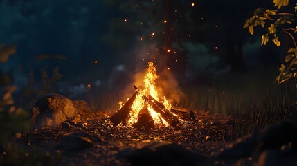 Aufkleber - Glowing bonfire burning brightly in a secluded autumn woodland at night surrounded by trees and creating a warm cozy atmosphere  Flames dance and sparks fly