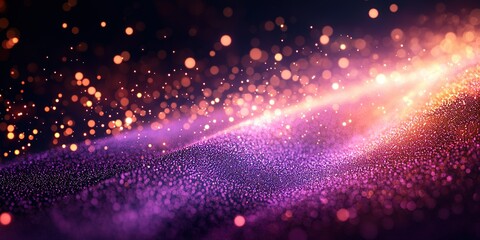 Poster - Colorful light particles create a magical atmosphere in a glowing wave of shimmering purple and gold tones at night