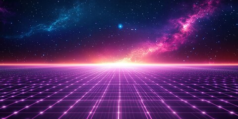 Poster - Expansive neon grid under a cosmic sky during twilight showcasing vibrant colors and deep space aesthetics