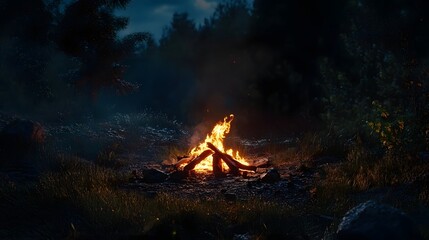 Aufkleber - Glowing Campfire Burning Brightly in Serene Night Forest Landscape with Cloudy Sky  Cozy Outdoor Adventure and Concept
