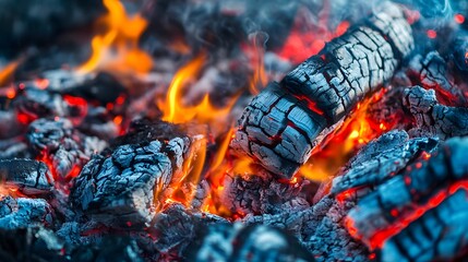 Poster - Glowing embers and lively flames burning bright in a natural fiery backdrop with charred wood and ash  Intense heat and energy radiating from the burning fire with a dramatic lighting design