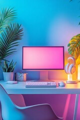Poster - Aesthetic Workspace: Neon-Lit Desk with Computer, Headphones, and Tropical Plants Creating a Modern and Vibrant Atmosphere for Work and Relaxation