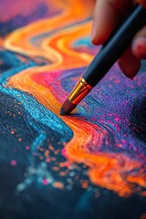 Poster - Artistic Creation: A Close-Up of a Brushstroke Laying Down Vibrant Hues in a Fluid, Abstract Composition on a Dark Background.