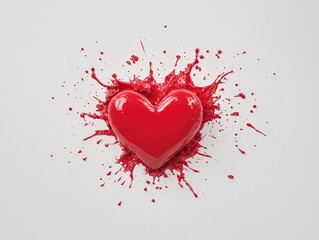 Poster - A vibrant red heart surrounded by splashes of red paint on a white background, symbolizing passion and love.