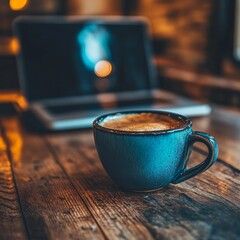 Poster - Coffee Break at Work: A Serene Still Life of Blue Cup, Rich Coffee, and Laptop on a Rustic Wooden Desk, Evoking Warmth and Focus