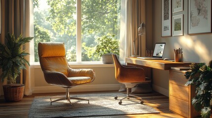 Poster - Cozy Home Office Interior with Natural Light: A Modern Workspace featuring Elegant Furniture, Greenery, and a Peaceful View of Trees Through the Window