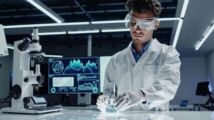 Poster - Scientist conducts experiment in modern laboratory with advanced equipment and analytical displays