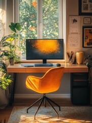 Aufkleber - Cozy Home Office Setup: Natural Light, Modern Desk with Computer, Orange Velvet Chair, and Green Plants Creating a Comfortable and Inspiring Workspace