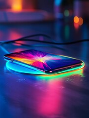 Poster - Glow Charge: Smartphone on Wireless Charging Pad with Vibrant Screen and Neon Lights, Showcasing Modern Technology and Futuristic Design in a Colorful Ambiance