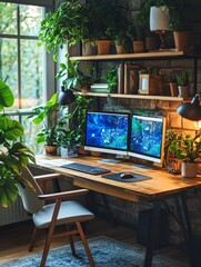Poster - Indoor Oasis: Cozy Home Office with Abundant Greenery, Natural Light, Dual Monitors, Wooden Desk, and Brick Wall, Creating a Serene and Productive Workspace.