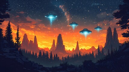 Alien spacecraft over a fiery sunset landscape. Possible use stock photo for a science fiction book cover or video game
