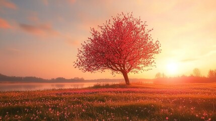 Poster - In a serene spring setting, a stunning tree adorned with vibrant red heart-shaped blossoms stands tall against a golden sunset