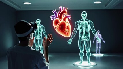 Poster - Innovative medical technology allows doctor to interact with virtual anatomical models of heart and skeleton, enhancing medical training and diagnosis in slow motion