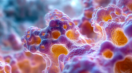 Poster - A detailed close-up of a cellular structure with intricate textures in purple and orange, representing microscopic tissue