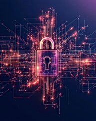 Poster - Digital illustration of a glowing padlock surrounded by abstract lines and sparks, symbolizing cybersecurity and data protection.