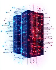Poster - Abstract depiction of server towers with colorful data streams, representing digital technology and data processing.