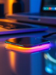 Poster - Smartphone Charging on a Wireless Pad Under Neon Lights: Futuristic Tech on a Reflective Surface with a Laptop in the Background, Modern Illumination.